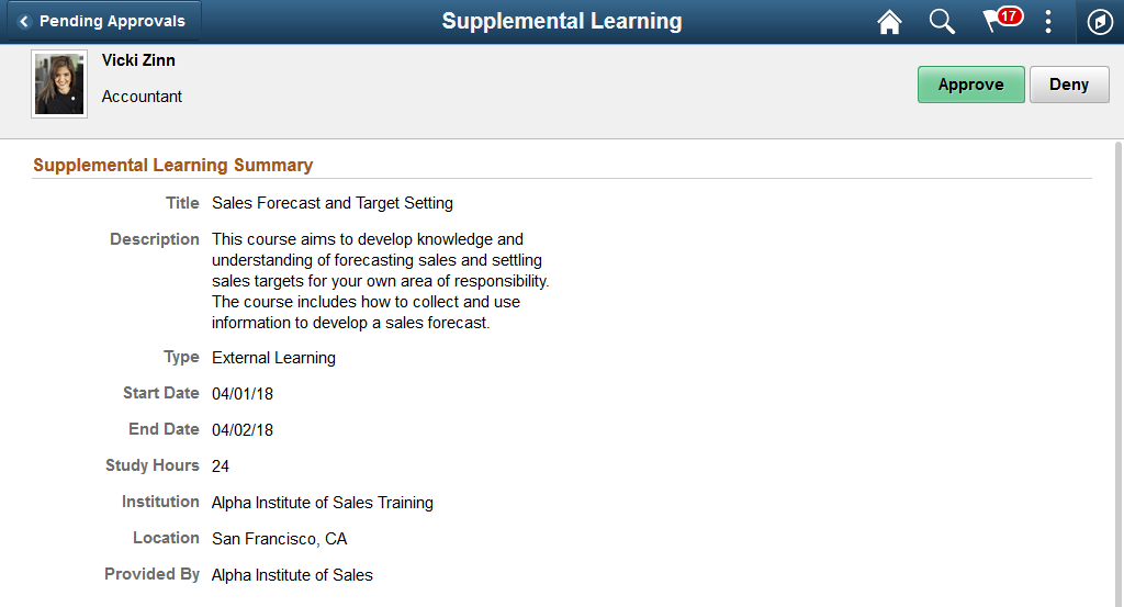 Pending Approvals - Supplemental Learning page (1 of 2)