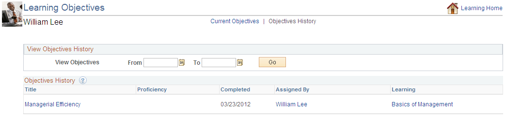 Learning Objectives - Objectives History page