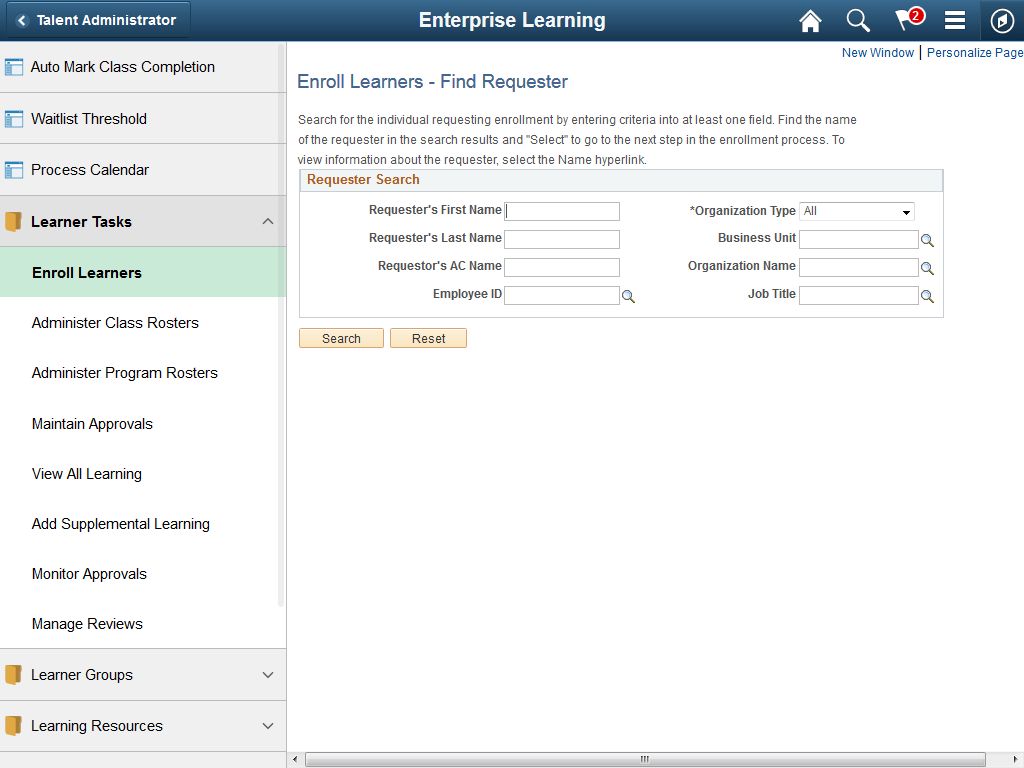 Enterprise Learning application start page