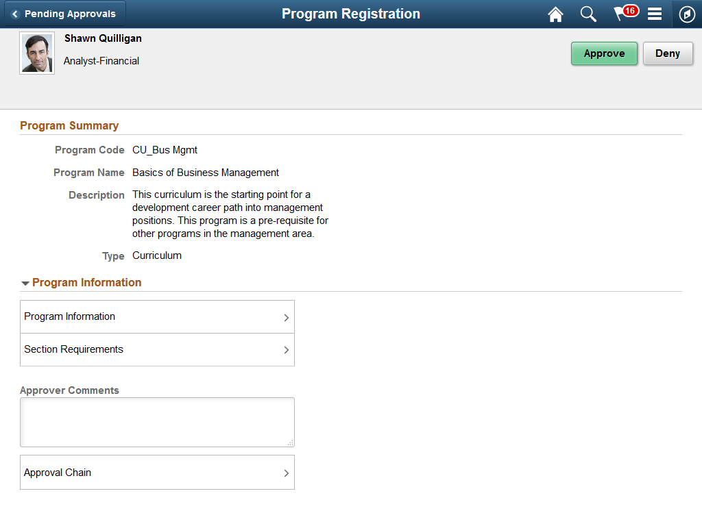 Pending Approvals - Program Registration page