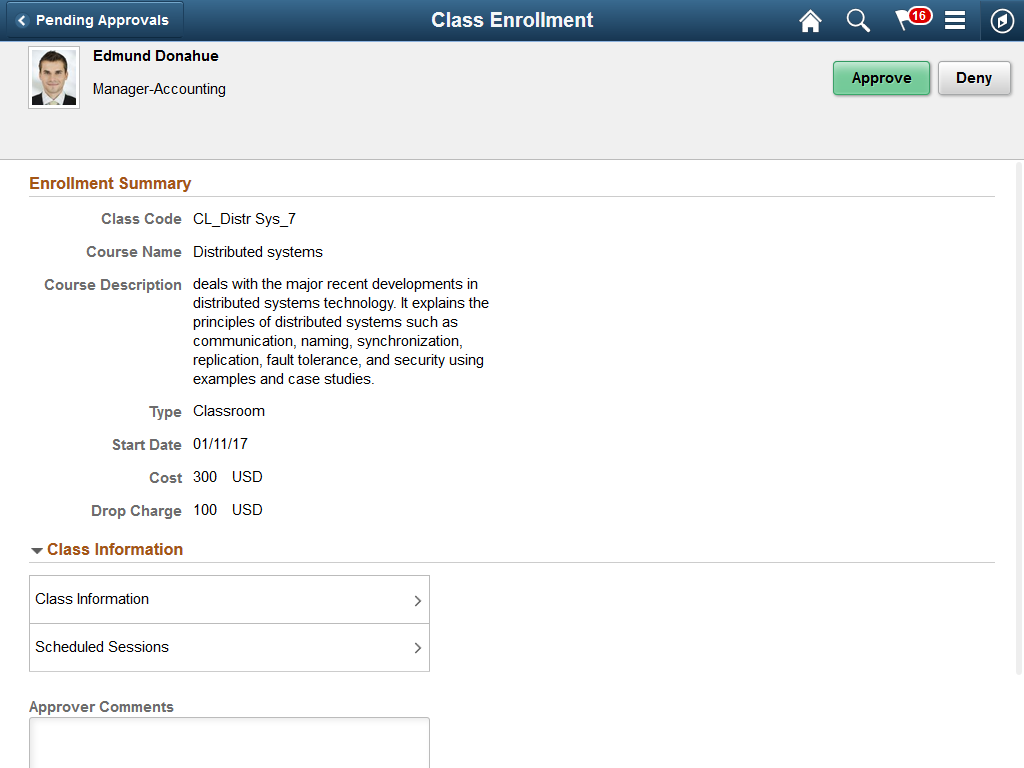 Pending Approvals - Class Enrollment page