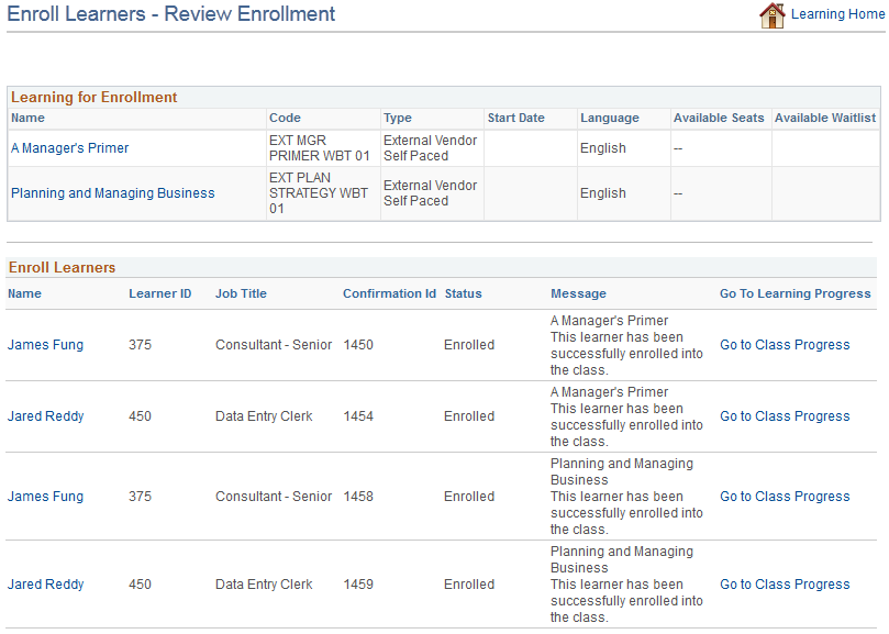 Enroll Learners - Review Enrollment (confirmation) page
