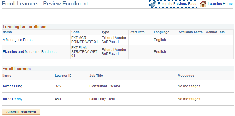 Enroll Learners - Review Enrollment page