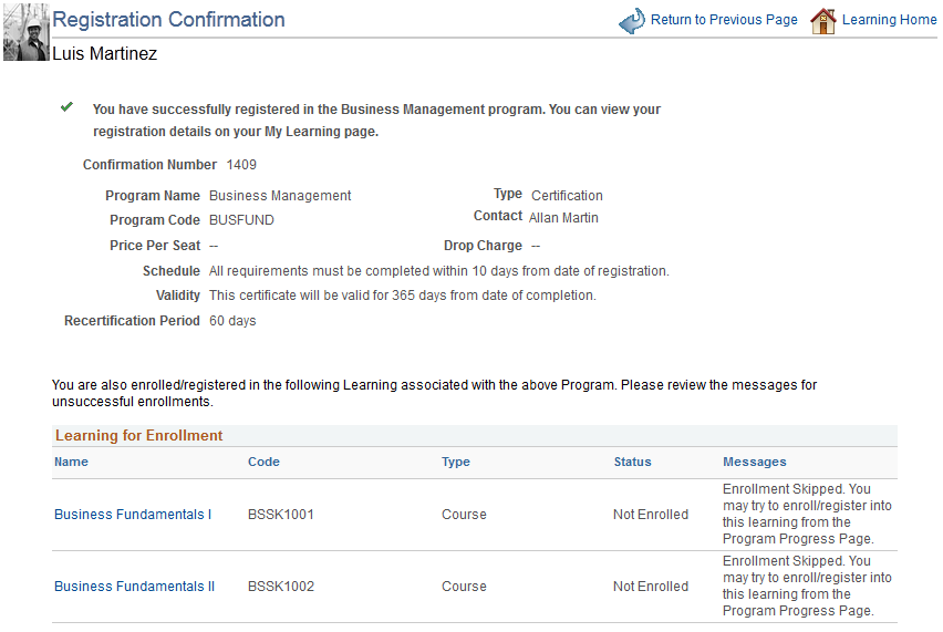 Registration Confirmation page