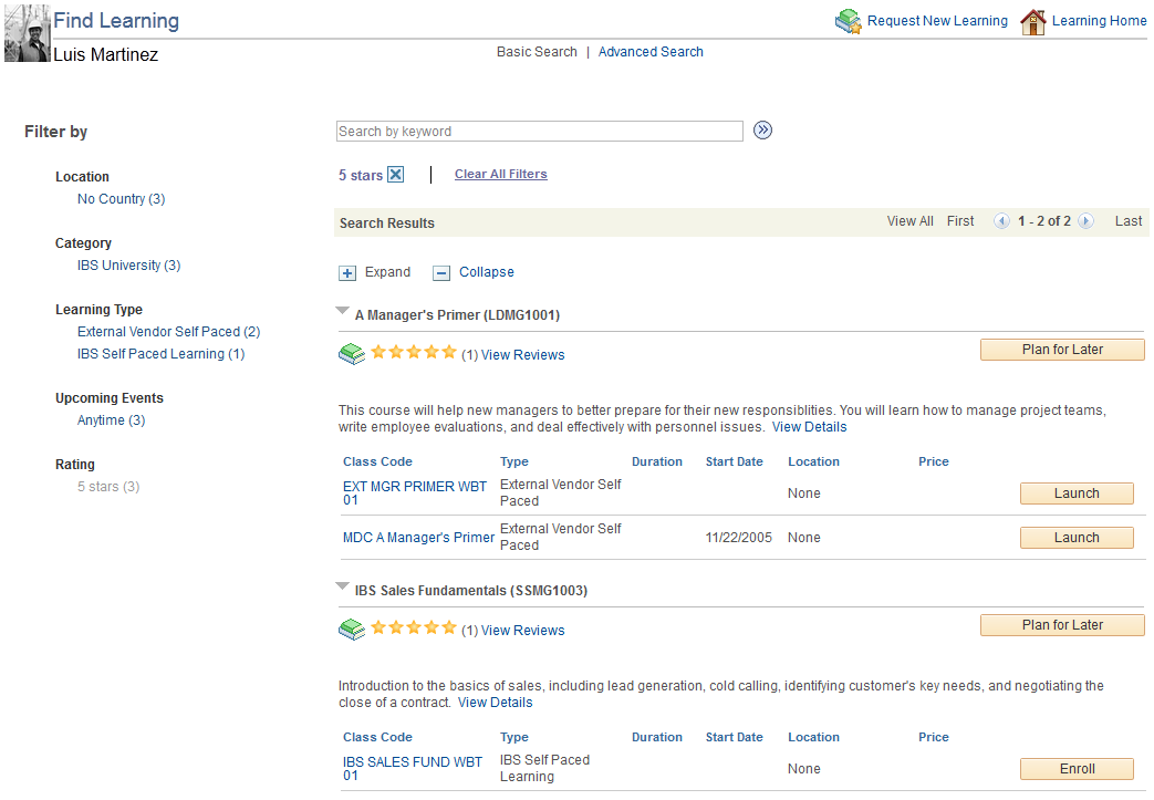 Example of search results filtered using the Rating facet