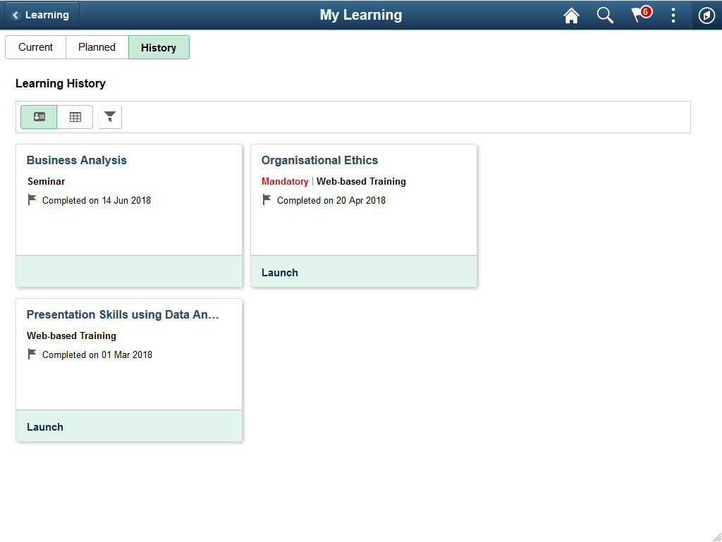 Card view of the My Learning page: History tab