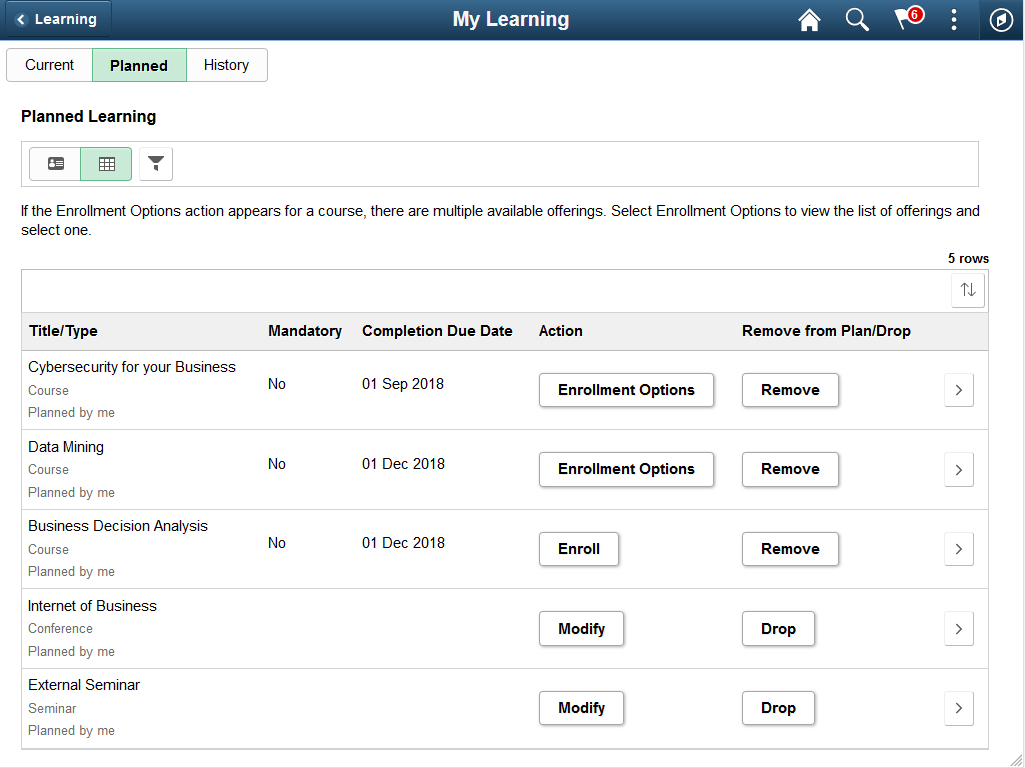 Grid view of the My Learning page: Planned tab