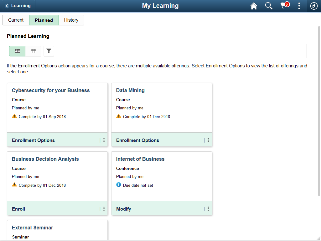 Card view of the My Learning page: Planned tab