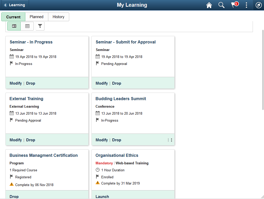 Card view of the My Learning page: Current tab
