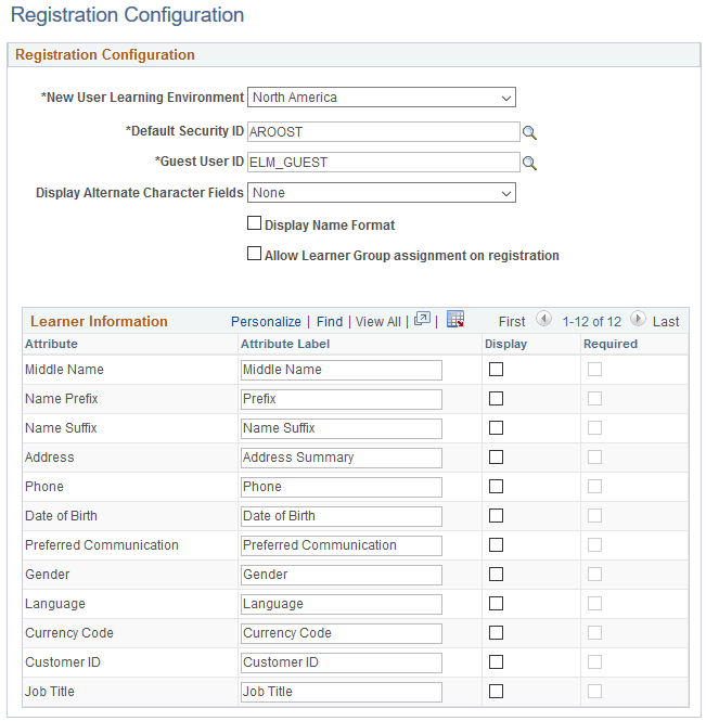 Registration Configuration page