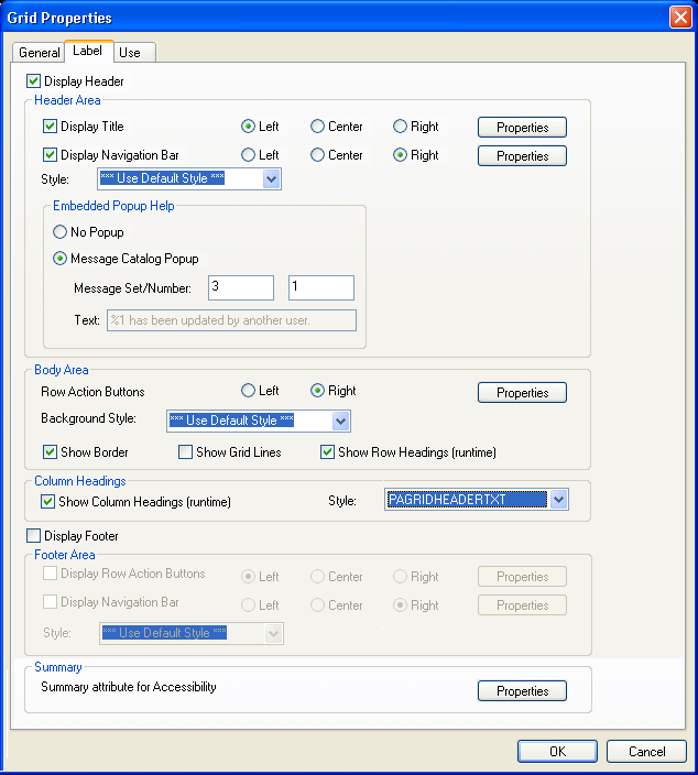 Grid Properties dialog box: Label tab