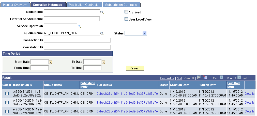 Asynchronous Services - Operation Instances page