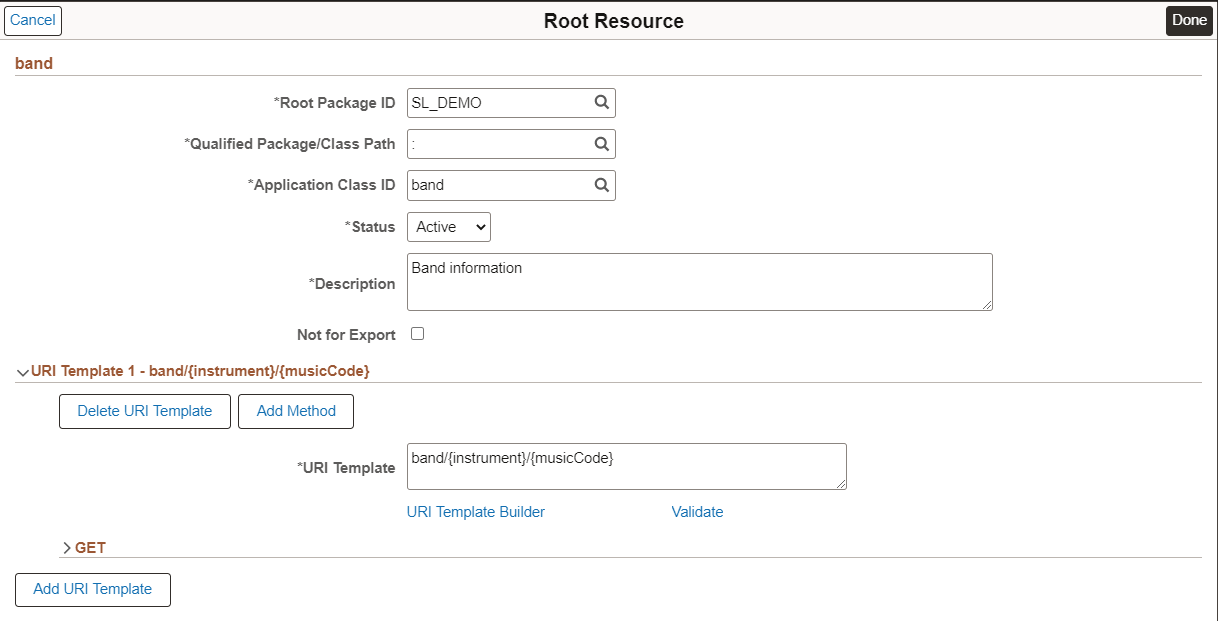 Root Resource page with URI Template