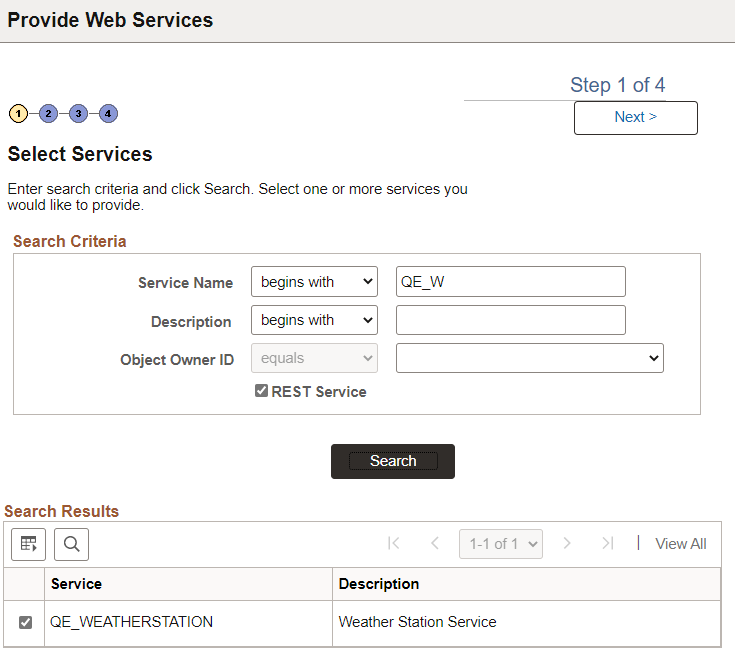Select Services page to select a REST service