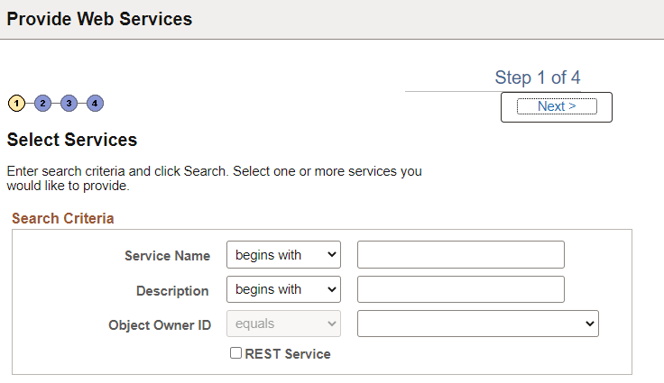 Provide Web Services - Select Services page