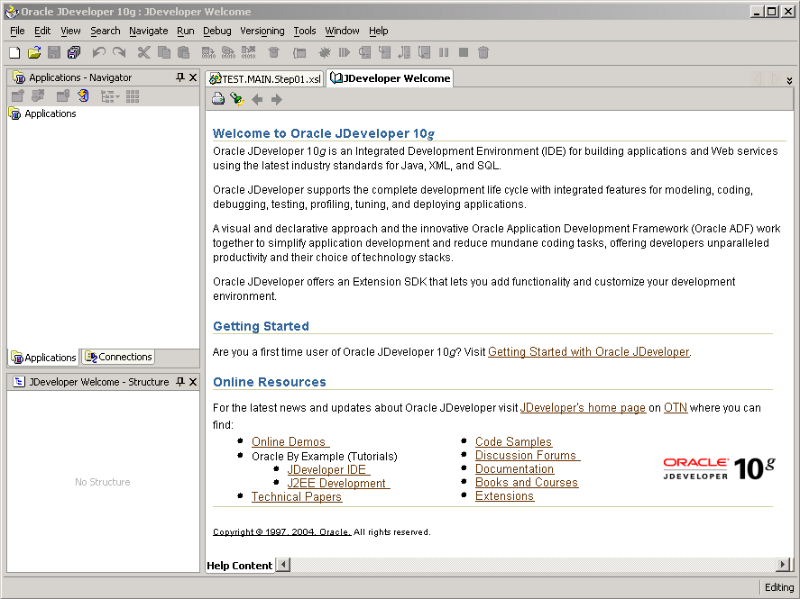 JDeveloper Welcome window