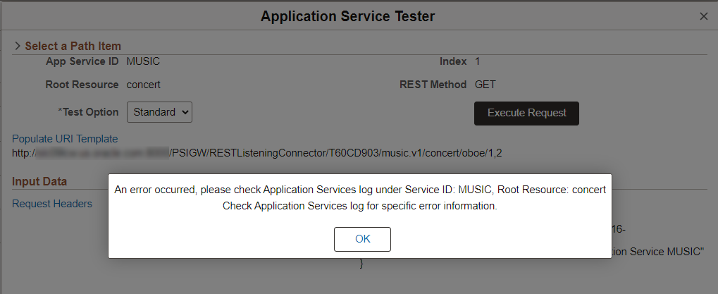 Example Application Service error message
