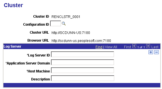The Cluster page displaying the Cluster ID, Cluster URL, and the Browser URL and having the following editable fields: Configuration ID, Log Server ID, Application Server Domain, Host Machine, and Description.