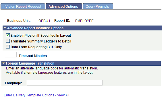 nVision Report Request - Advanced Options page