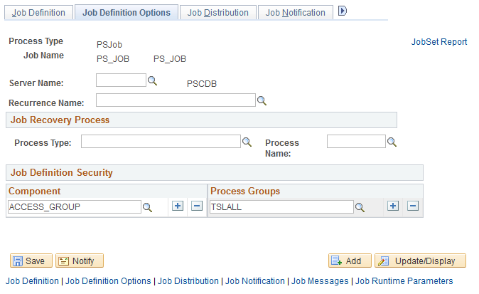 Job Definition Options page