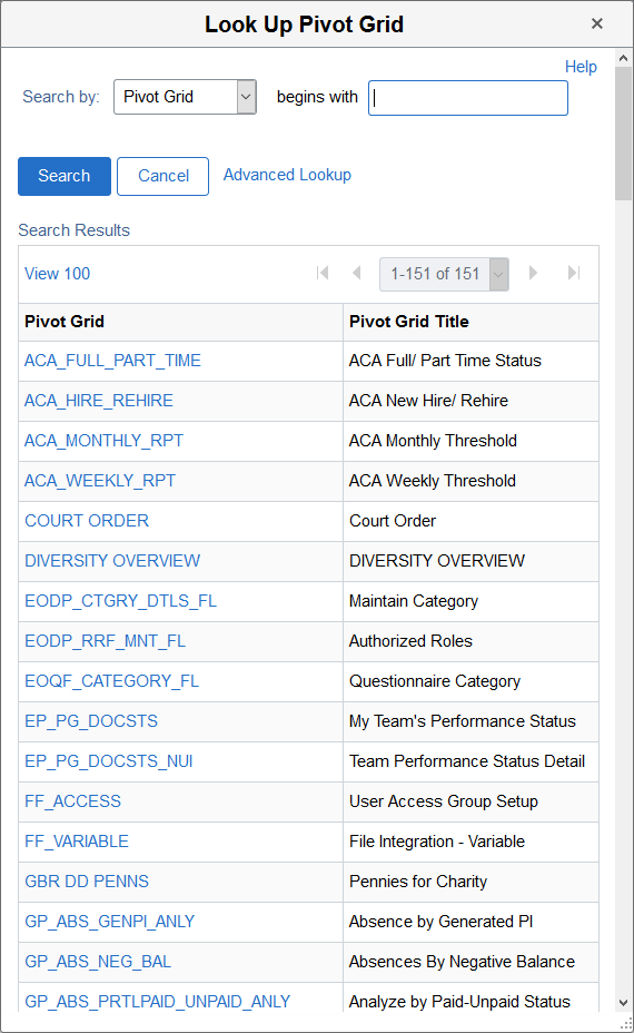 Look Up Pivot Grid page