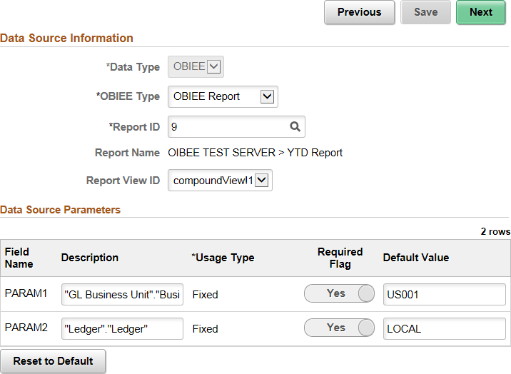 Data Source Information page for the OBIEE data type