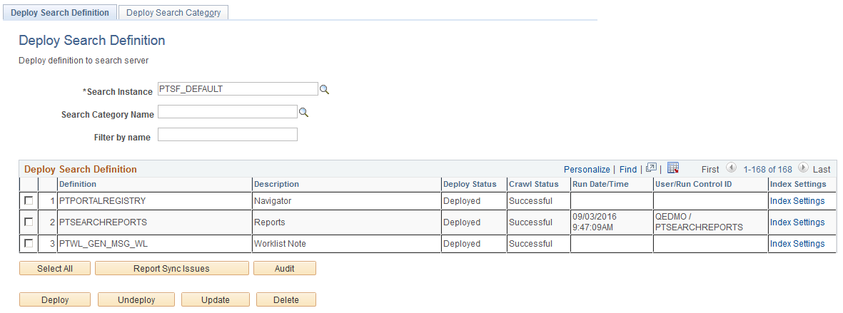 Deploy Search Definition page