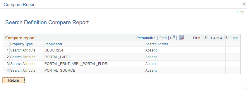 Search Definition Compare Report page