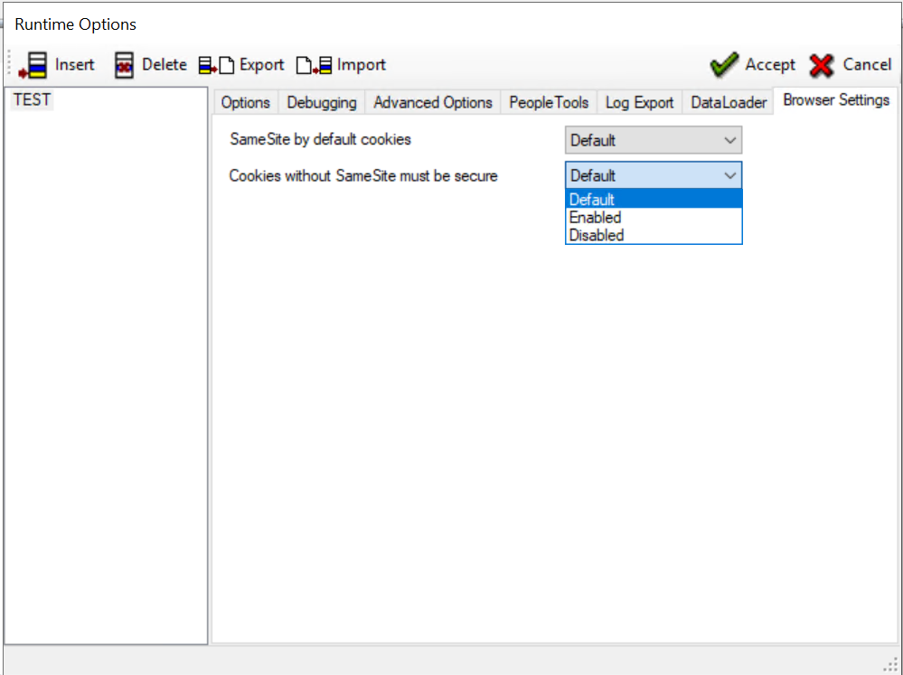 Runtime Options Dialog- Browser Settings tab