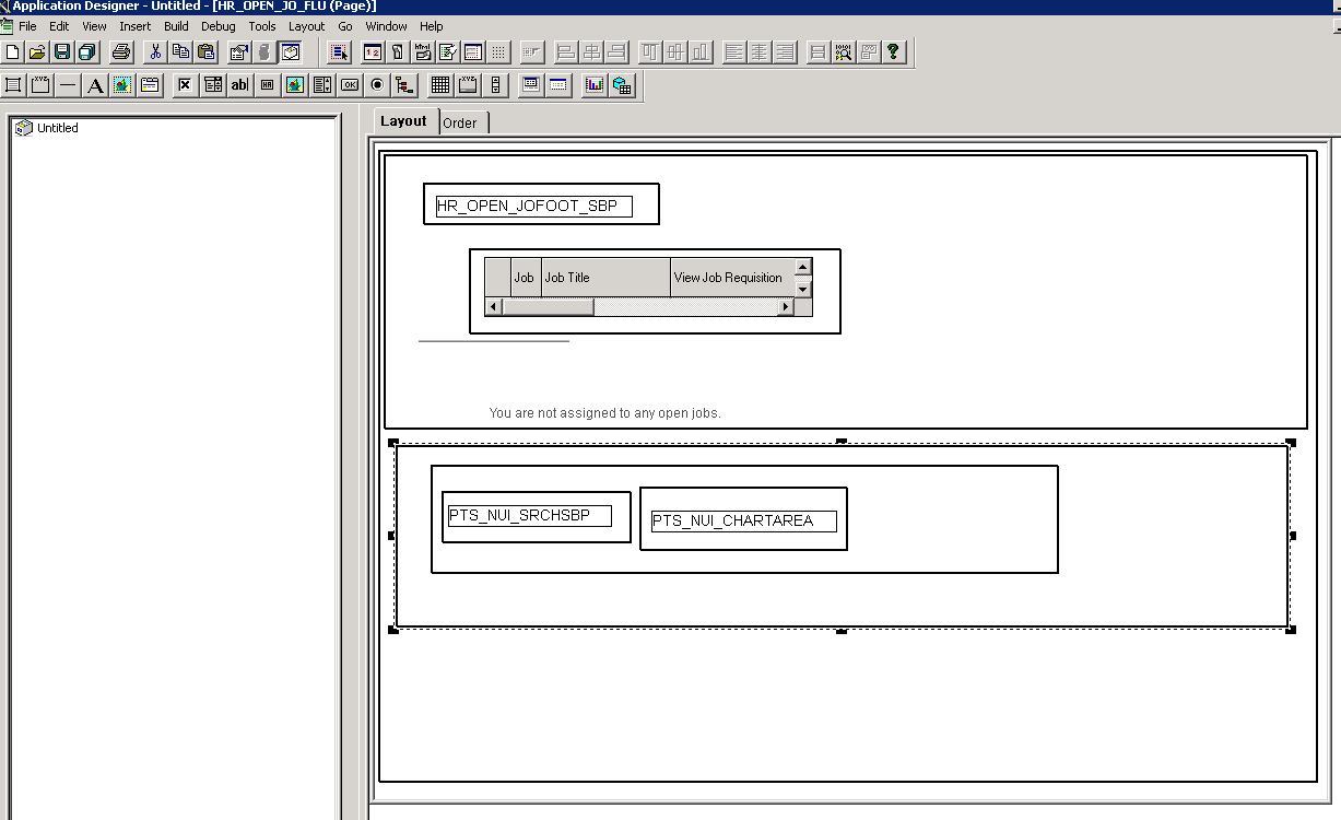 Application Designer, system search subpage PTS_NUI_SRCHSBP and chart area PTS_NUI_CHARTAREA are inserted into the application page