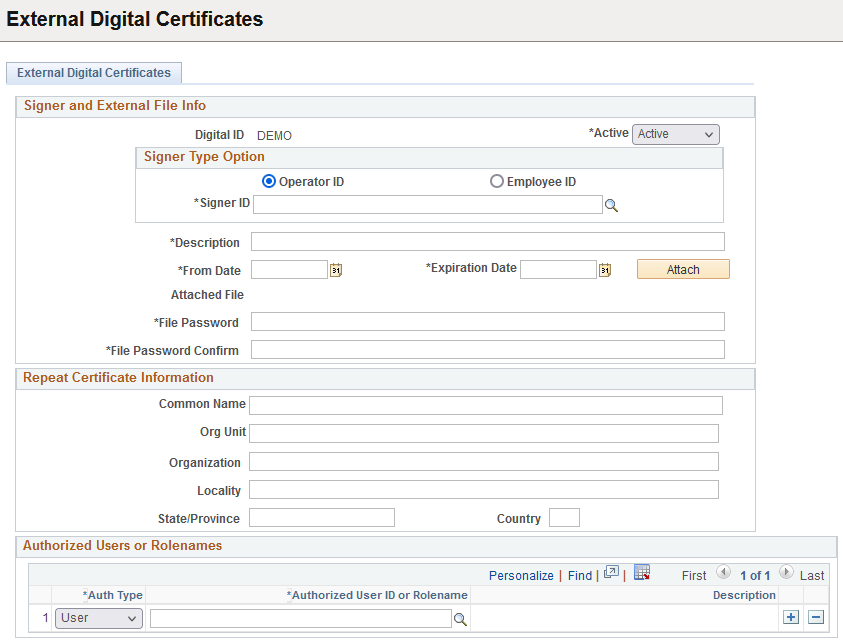 External Digital Certificates page