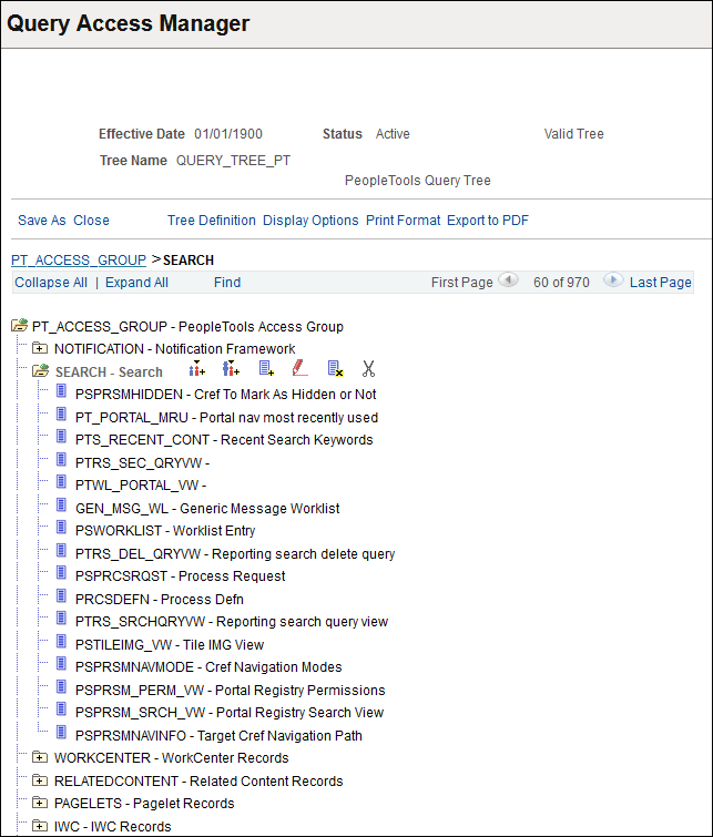 Query Access Manager page with tree details, 1 of 2