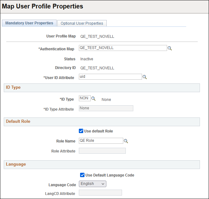 User Profile Map - Mandatory User Properties page