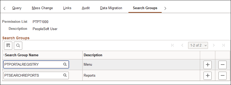 Permission Lists - Search Groups page