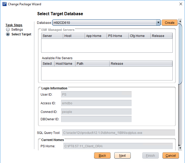 Select Target Database page