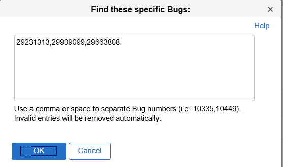 Find these specific Bugs page that opens when Enter Multiple Bug Numbers is selected