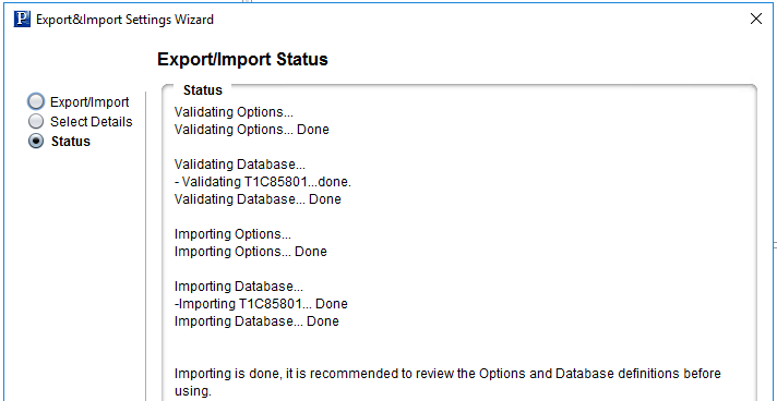 Export/Import Status showing import complete