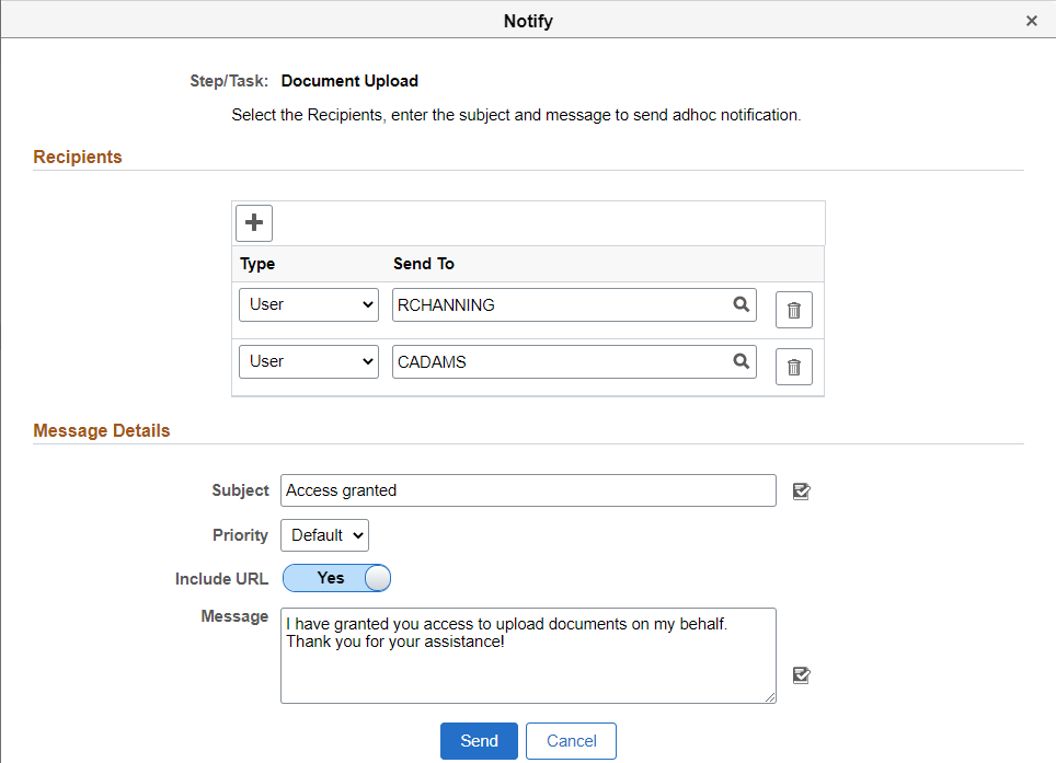 Example of the notify custom action