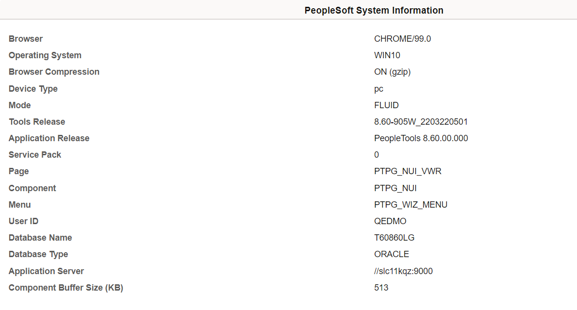 PeopleSoft System Information Page