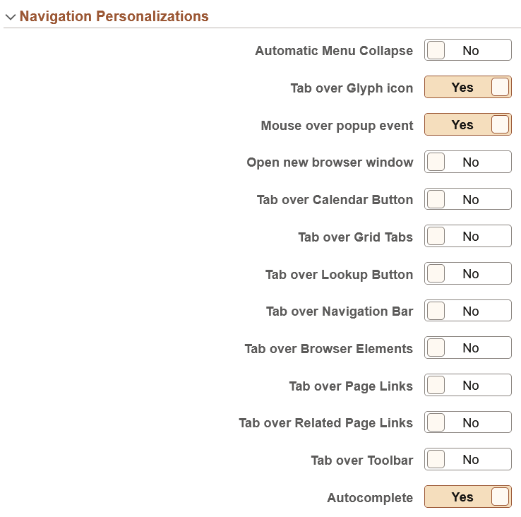 My Preferences - General Settings: Navigation Personalizations