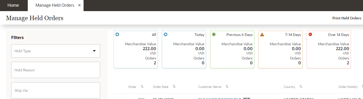 Illustrates the Manage Held Orders page.