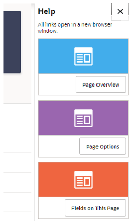 illustrates the 3 options available in the Help Drawer to select the Page Overview, Page Options, or Fields on This Page.