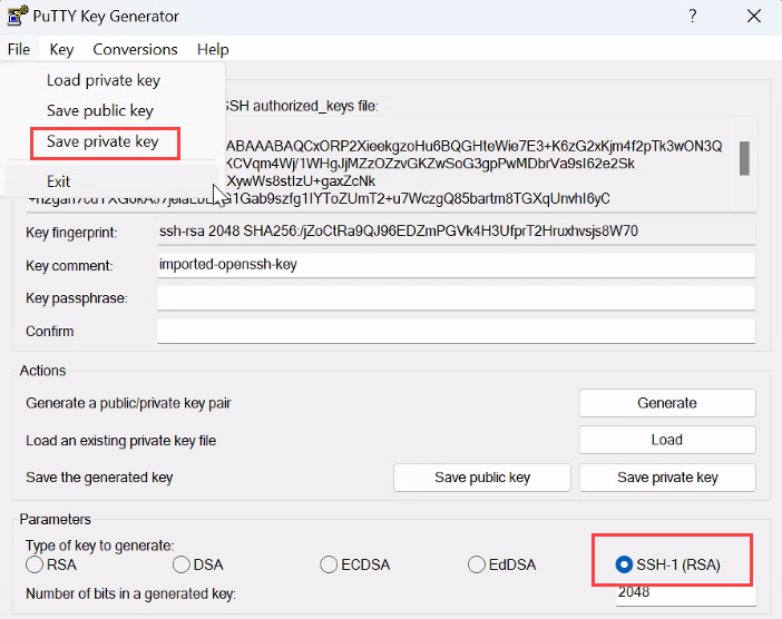 PuTTy Genの「Save Private Key」オプション