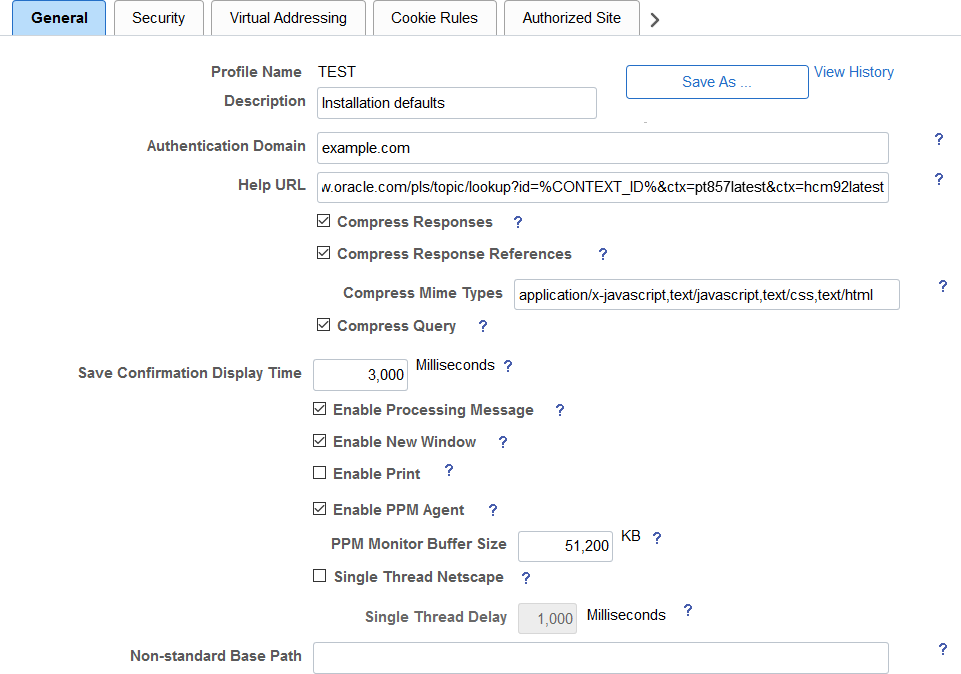 Help URL on the Web Profile Configuration - General page