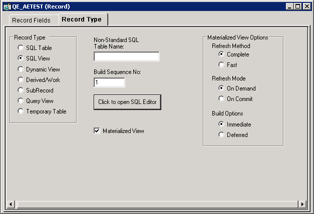 Example of the Materialized Views options on the Record Type tab