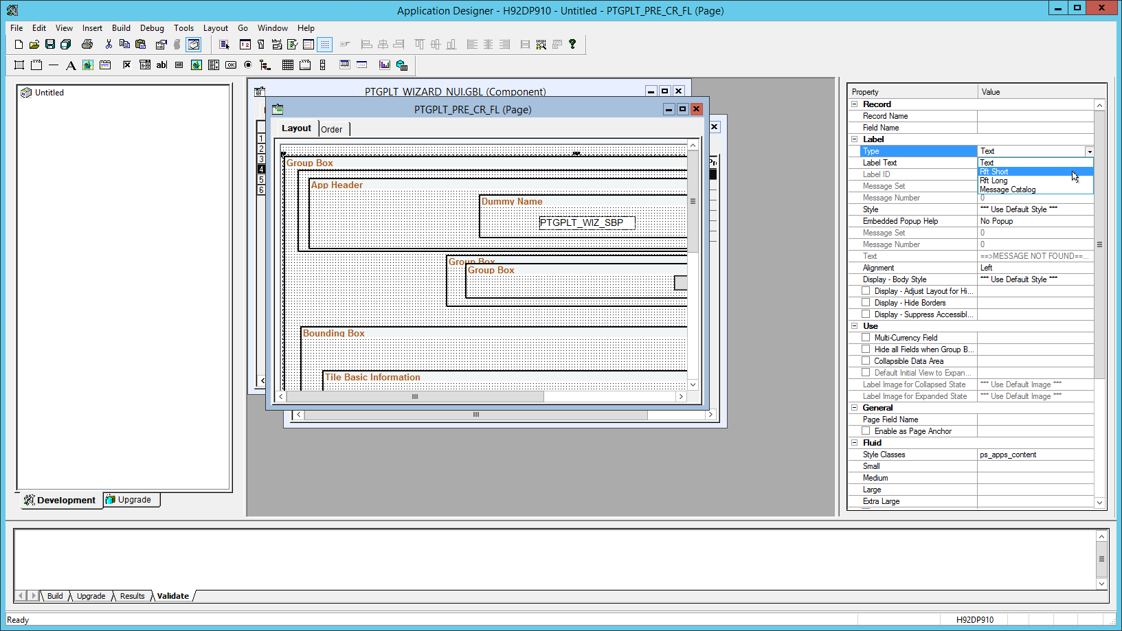 Property window for page field properties