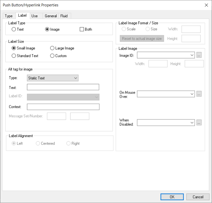 Push Button/Hyperlink Properties dialog box: Label tab