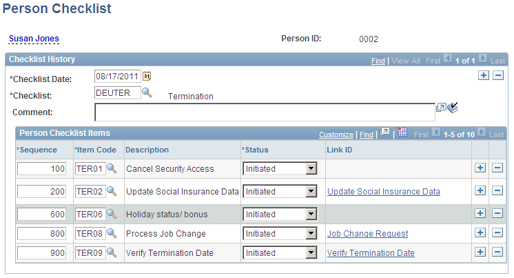 Example of Person Checklist page with a grid of occurs count 5 nested in a scroll area of occurs count 1