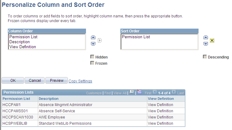 Personalize Column and Sort Order page