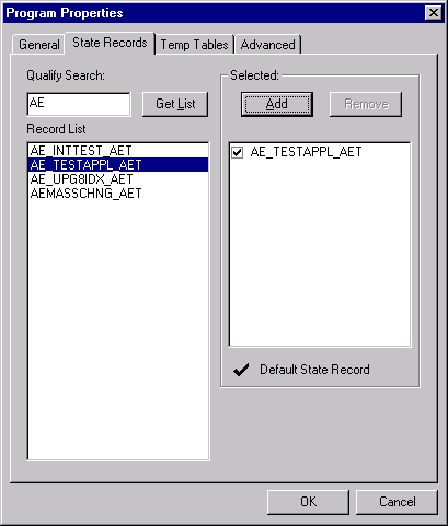 Program Properties dialog box: State Records tab